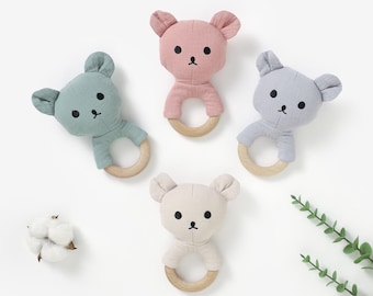 Organic Cotton Cat Rattle Teether | Beech Wood Ring | Gender Neutral Baby Toy | Baby Shower Gift