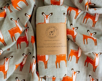 Tiny Alpaca | Deer Baby Blankets | Large Baby Organic Cotton Muslin Blanket | 47''x47'' | Baby Swaddling Wrap | Baby Shower Gift