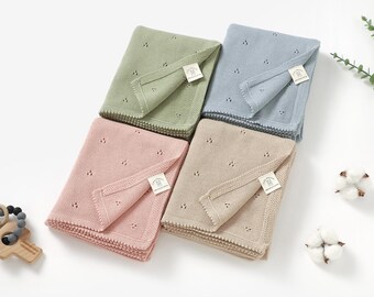 Tiny Alpaca | 100% Organic Cotton Knitted Swaddle Blanket | Knitted Crochet Plain Baby Blanket | 70x90cm | Baby Shower Gift