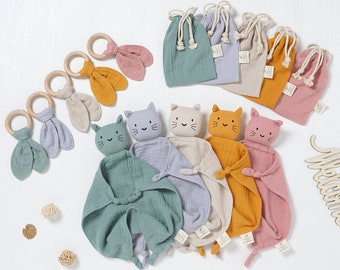 Tiny Alpaca | Organic Cotton Cat Security Blanket With Teether | 30x30CM | Gender Neutral | Baby Blanket | Baby Shower Gift |