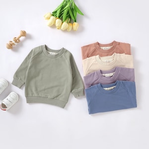 Op de afbeelding: Vijf shirts met lange mouwen in verschillende kleuren: groen, beige, paars en blauw. De shirts zijn gevouwen en op elkaar gestapeld.