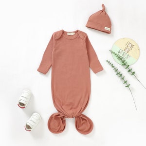Tiny Alpaca Organic Cotton Newborn Gown With Hat 0-6 Months Gender Neutral Baby Clothes Baby Shower Gift Rust