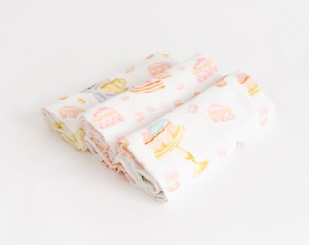 Tiny Alpaca | Pack of 3 | Organic Muslin Squares | Baby Burp Cloths | 60X60CM | Cake Designs | Baby Gift