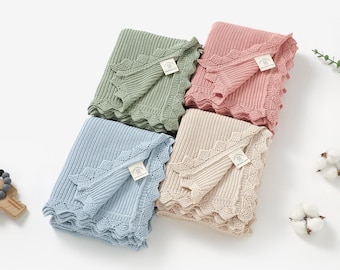 Manta de bebé de punto con encaje de algodón orgánico / 70 x 90 cm / Manta para recién nacido / Regalo para baby shower