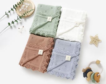 Tiny Alpaca | 100% Organic Cotton Lace Ruffle Swaddle Blanket | Knitted Crochet Plain Baby Blanket | 90x72cm | Baby Shower Gift