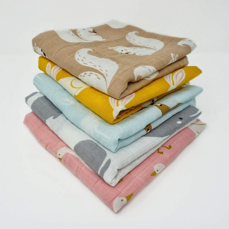 Tiny Alpaca Pack of 5 Organic Muslin Squares Baby Burp Cloths 60X60CM Animal Designs Baby Gift Baby Shower Gift image 2