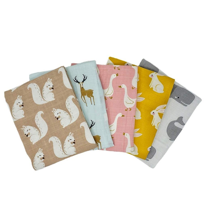 Tiny Alpaca Pack of 5 Organic Muslin Squares Baby Burp Cloths 60X60CM Animal Designs Baby Gift Baby Shower Gift image 4