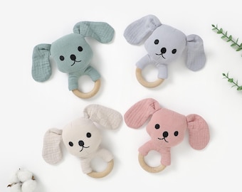 Organic Cotton Puppy Rattle Teether | Beech Wood Ring | Gender Neutral Baby Toy | Baby Shower Gift