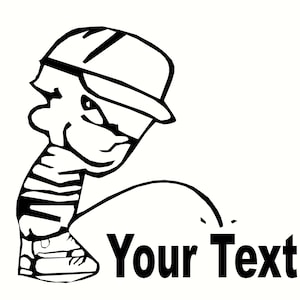 May include: Black and white line art illustration of a cartoon character wearing a hat and peeing with the text "Your Text" below.