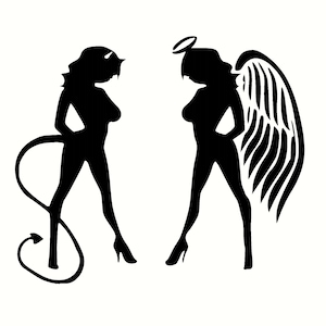 May include: Black silhouette art of two figures, one with devil horns and a tail, the other with angel wings and a halo. Both figures are in high heels and have their hands on their hips.