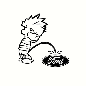 May include: A black and white cartoon illustration of a person urinating on a Ford logo. The person is wearing a striped shirt and has a mischievous expression on their face.