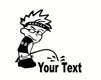 Biker calvin type figure- pee on your text designs sticker decal