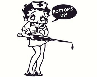 May include: Black and white illustration of a cartoon nurse holding a syringe with a drop of blood at the end. The nurse is wearing a white nurse's hat with a red cross. The nurse is saying "Bottoms Up!" in a speech bubble.