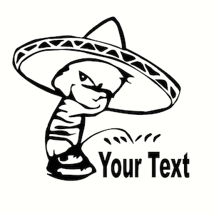 May include: Black and white line art illustration of a cartoon character wearing a sombrero. The character is wearing a striped shirt and has a mischievous expression. The text "Your Text" is below the character.
