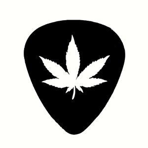 May include: Black guitar pick with a white marijuana leaf design.