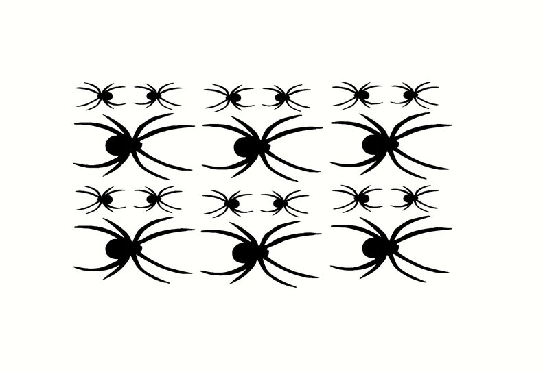 May include: A set of 12 black spider silhouettes, with three different sizes. The spiders are arranged in three rows of four, with the largest spiders in the middle row.