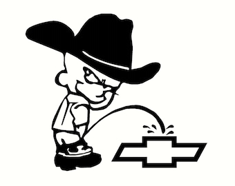 Cowboy calvin type figure- peeing on chevy designs sticker 5.5 x 5.5