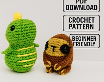 Padrão de crochê de preguiça e dinossauro: brinquedos de pelúcia amigurumi (padrão em PDF)