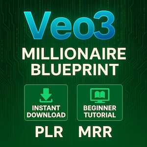 Puede incluir: Gráfico digital con el texto "Veo3 Millionaire Blueprint" en blanco y turquesa. La imagen incluye iconos para "Descarga instantánea" y "Tutorial para principiantes" con las abreviaturas "PLR" y "MRR" en la parte inferior, todo sobre un fondo verde.