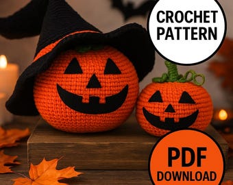 Padrão de crochê de abóbora amigurumi: Jack-o'-Lantern e chapéu de bruxa (PDF)