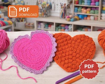 Modèle de dessous de verre en forme de cœur au crochet | Point bouffant et ensemble classique (téléchargement PDF)
