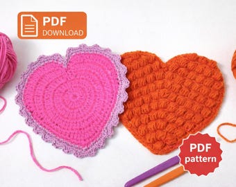 Paquete de patrones de crochet para posavasos con forma de corazón (PDF) / Punto puff y corazón clásico / Idea fácil de regalo de crochet / Decoración de San Valentín / Descarga instantánea