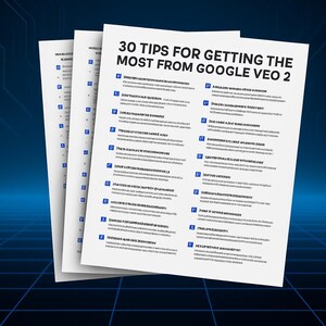 May include: A stack of white paper sheets with the title "30 Tips for Getting the Most from Google Veo 2" in black text. The sheets have a blue and white background.