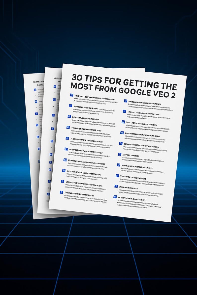 May include: A stack of white paper sheets with the title "30 Tips for Getting the Most from Google Veo 2" in black text. The sheets have a blue and white background.