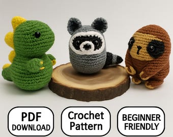 Crochet Animal Pattern Bundle: Raccoon, Sloth & Dinosaur (PDF Pattern)