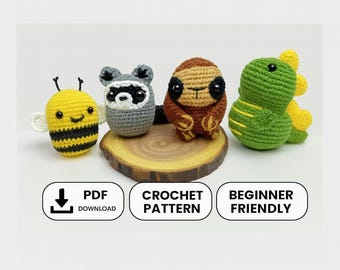 Pacote de padrões de crochê para amigurumi | Guaxinim, preguiça, dinossauro, abelha (PDF)