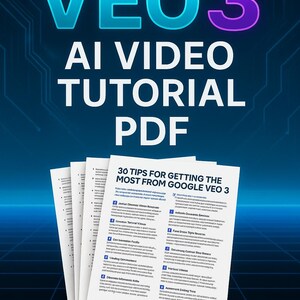 May include: A digital graphic with the text "VEO 3 AI VIDEO TUTORIAL PDF" in blue and purple. Below, a stack of white papers displays the text "30 TIPS FOR GETTING THE MOST FROM GOOGLE VEO 3". The background is a gradient of blue.