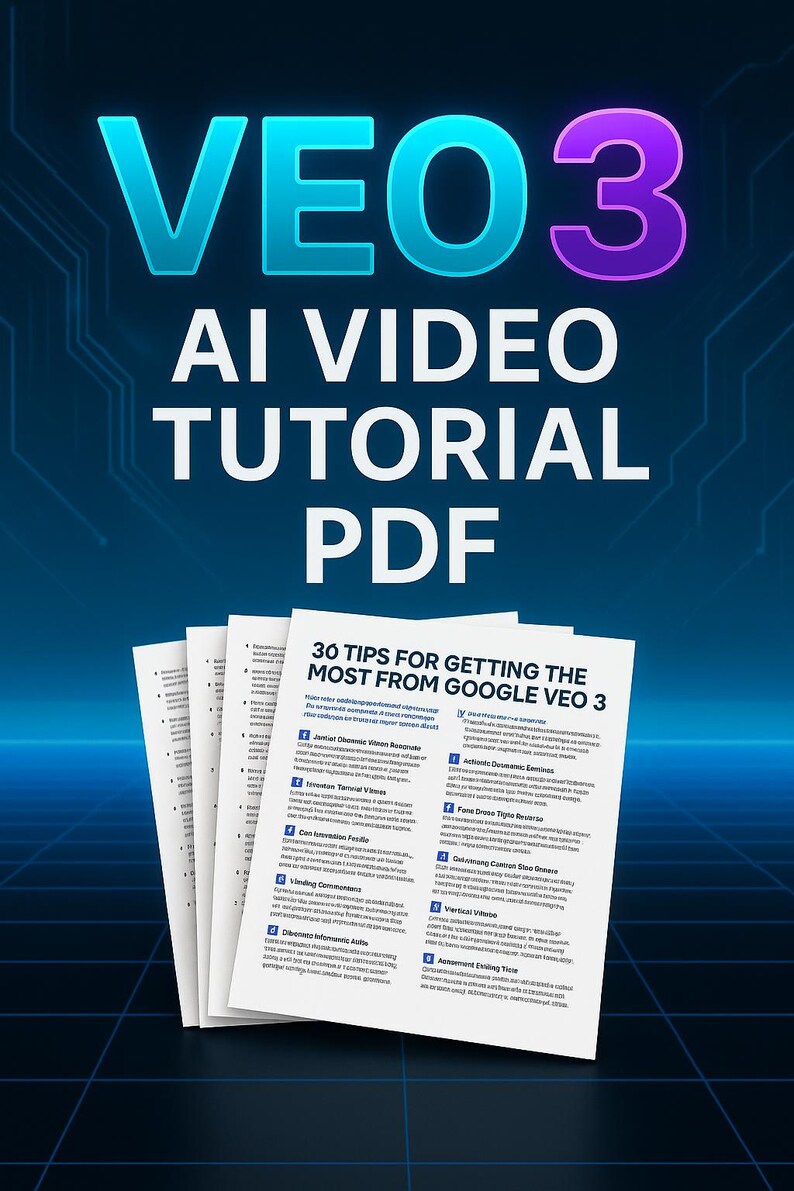 May include: A digital graphic with the text "VEO 3 AI VIDEO TUTORIAL PDF" in blue and purple. Below, a stack of white papers displays the text "30 TIPS FOR GETTING THE MOST FROM GOOGLE VEO 3". The background is a gradient of blue.
