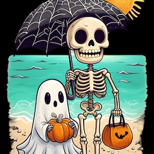 Impression d&#39;art squelette fantôme Summerween - décoration de plage d&#39;Halloween PNG - téléchargement mignon saison fantasmagorique - art mural des bonbons ou un sort