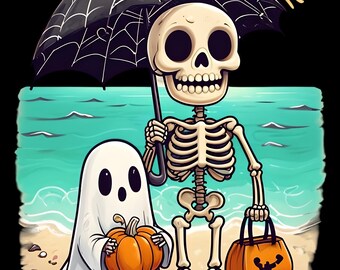Impressão artística de praia de Summerween: decoração de Halloween com esqueleto e fantasma (download em PNG)