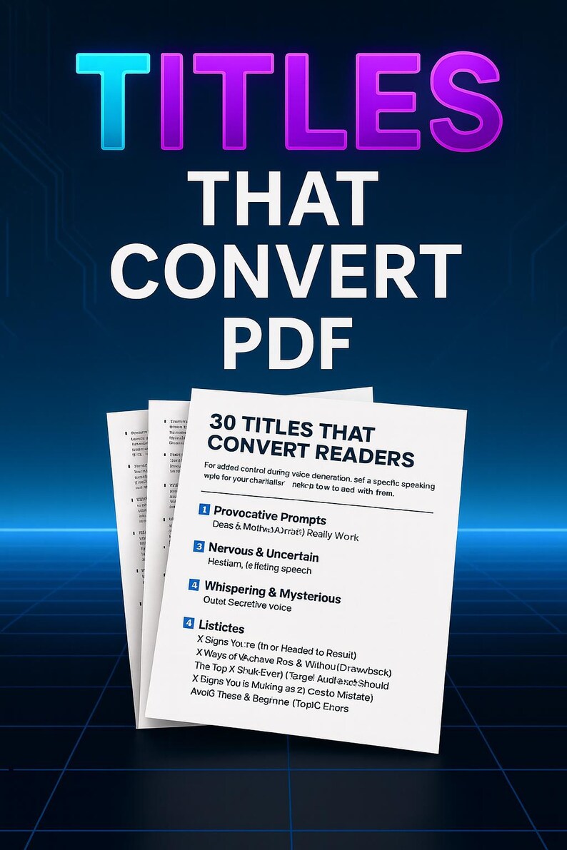 May include: A promotional image with the text "TITLES THAT CONVERT PDF" in large, colorful letters. Below, a stack of papers lists "30 TITLES THAT CONVERT READERS" with examples like "Provocative Prompts" and "Nervous & Uncertain."