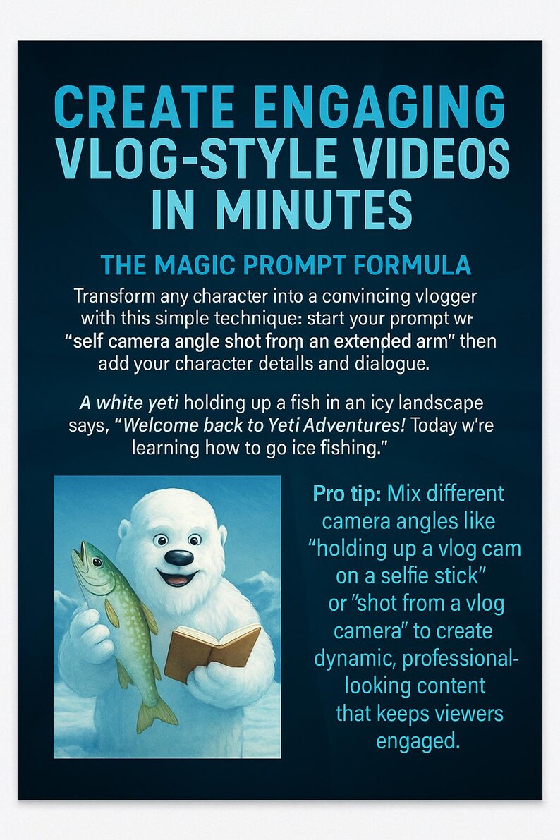 May include: Poster with text "CREATE ENGAGING VLOG-STYLE VIDEOS IN MINUTES." A white yeti holds a fish and a book. Text explains how to create vlogs using a "magic prompt formula."