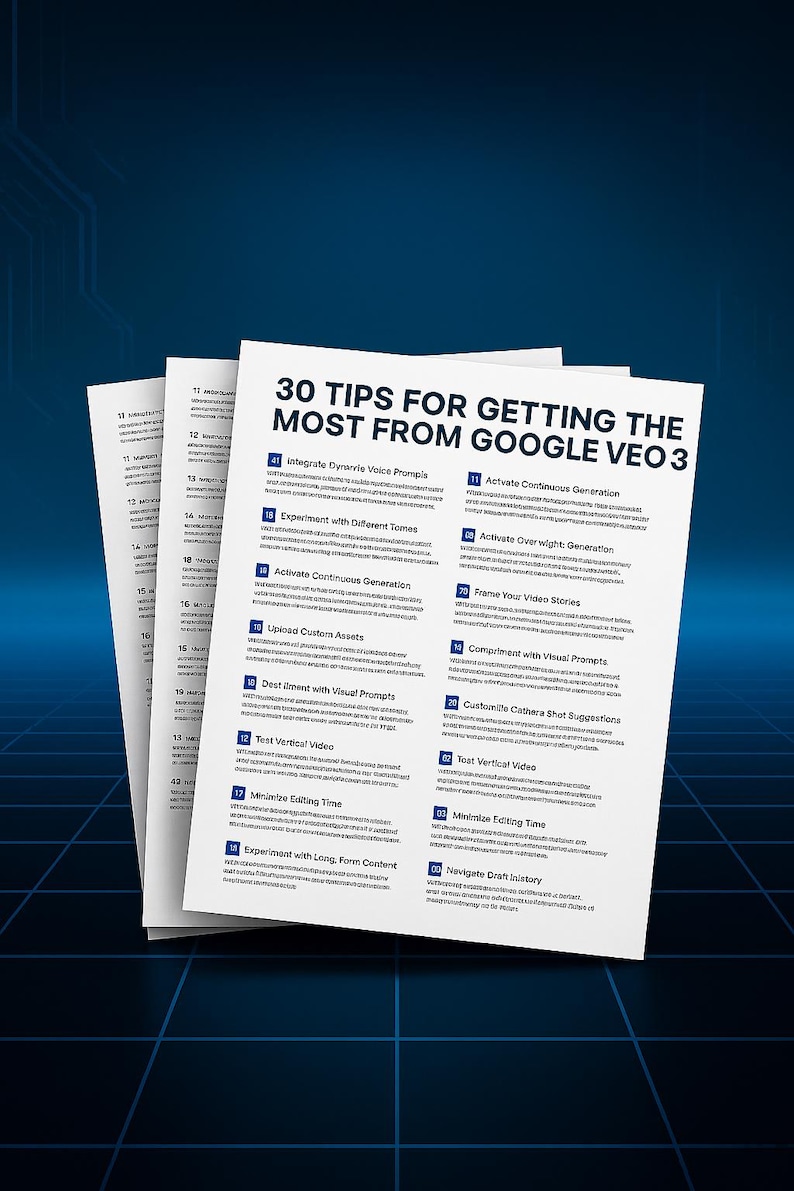 May include: Three white sheets of paper with the title "30 TIPS FOR GETTING THE MOST FROM GOOGLE VEO 3" in large, bold text. The sheets contain numbered tips and are set against a dark blue background.