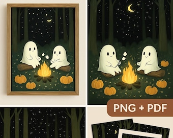 Pacote de impressão artística de fogueira fantasmagórica – Halloween assustador PNG + PDF (download digital)