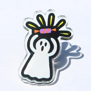 Ghost with Candy Acrylic Pin – Cute Halloween Ghost Pin | 1.3&quot; Original Acrylic Pin with Protective Film | Spooky Season Gift