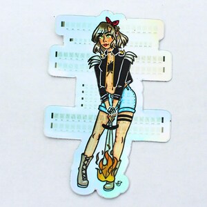 Baddie with Flaming Sword Holographic Vinyl Sticker – Original Character Art Decal for Laptop, Water Bottle, Journal, Gothic Aesthetic