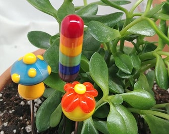 Plant Stakes3pc Assortment PokeysGlass Rainbow Mushroom Flower Mini Sculpures for yourHome Fairy Garden GLASS Plant Pokers usa