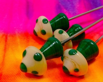 ONE Ivory and Green Glass Mushroom bowl poker PokeysGlass pipe poke tool smoke access steel rod glass mushroom mini sculpture OG POKEY