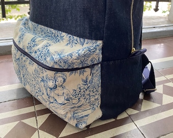 Backpack "Mélanie" in jeans and Toile de Jouy