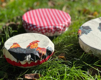 Set of 3 or 4 round dish cover charlottes with "farmyard" patterns