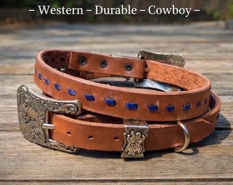 Handmade Leather Buckstitched Dog Collar – Western Style Brown Leather Collar, Durable Cowboy Dog Collar, dog collar