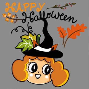 Puede incluir: Una ilustración de dibujos animados de una calabaza con un sombrero de bruja con una banda blanca y orejas naranjas. La calabaza tiene cabello naranja y ojos grandes. El texto "HAPPY HALLOWEEN" está escrito sobre la calabaza.