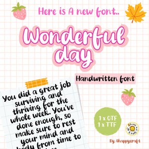 以下が含まれることがあります： ピンクのスクリプトフォントで「Wonderful day」と書かれたデジタルフォントのプレビュー画像。グリッド背景に黒の手書きテキストのサンプルブロックがあり、イチゴと葉のアイコン、および「1 x OTF 1 x TTF」と記された緑色の円が含まれています。