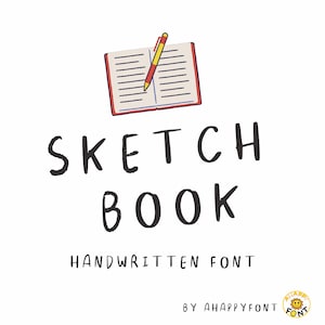 Puede incluir: Una fuente de letra manuscrita llamada "Sketch Book" con un cuaderno rojo y blanco y un lápiz amarillo y azul encima. La fuente es de AHappyFont.