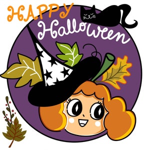 Puede incluir: Un círculo morado con el texto "Happy Halloween" en blanco. Dentro del círculo hay una calabaza de dibujos animados con un sombrero de bruja y un gato negro durmiendo encima del círculo.
