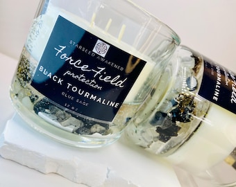 Force Field PROTECTION Crystal Candle **Blessed and Charged** with Oils, Herbs, Black Salt - Black Tourmaline, Smoky + Rutilated Quartz